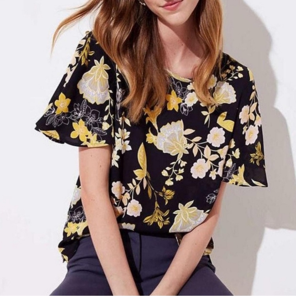 LOFT Floral Yellow and Black Flutter Sleeve Blouse